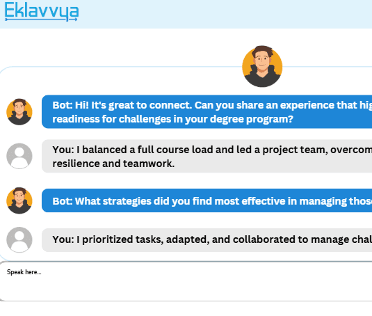An Eklavvya AI agent interviewing a student about their degree programme in a chat thread