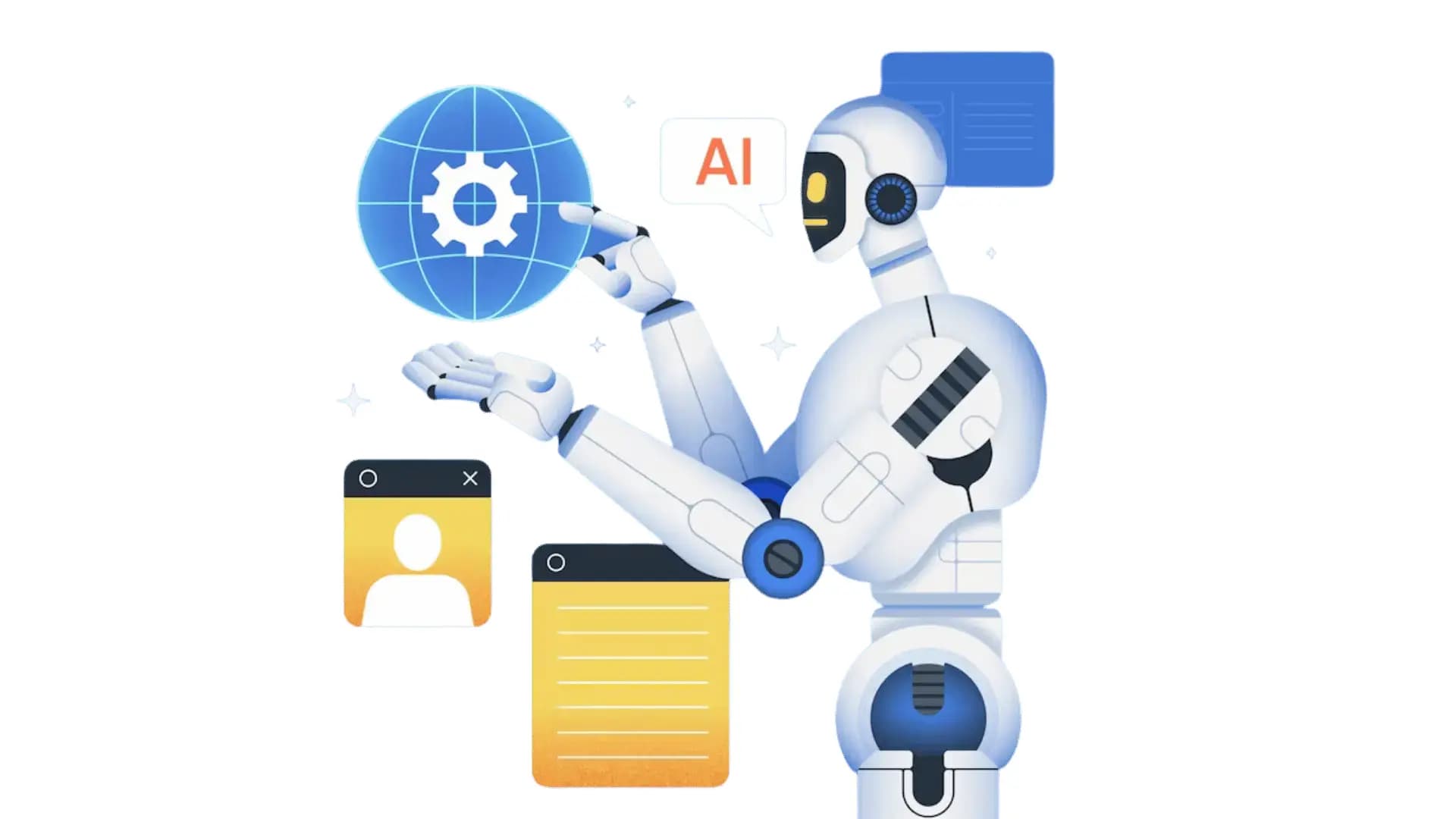 An AI agent working across a chat thread, a user profile and a settings panel at once