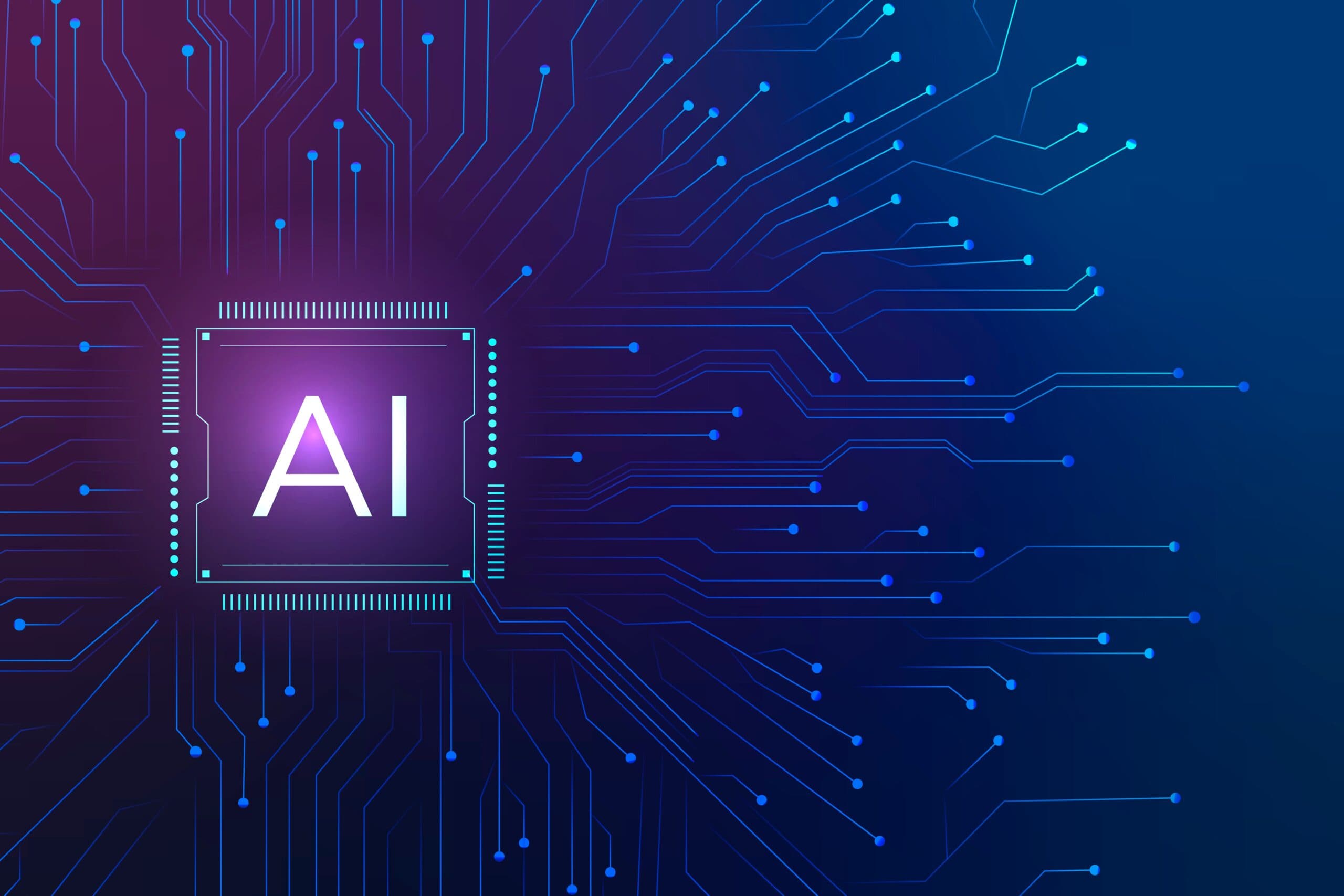 An AI processor at the centre of a circuit board, routing work outward across a network