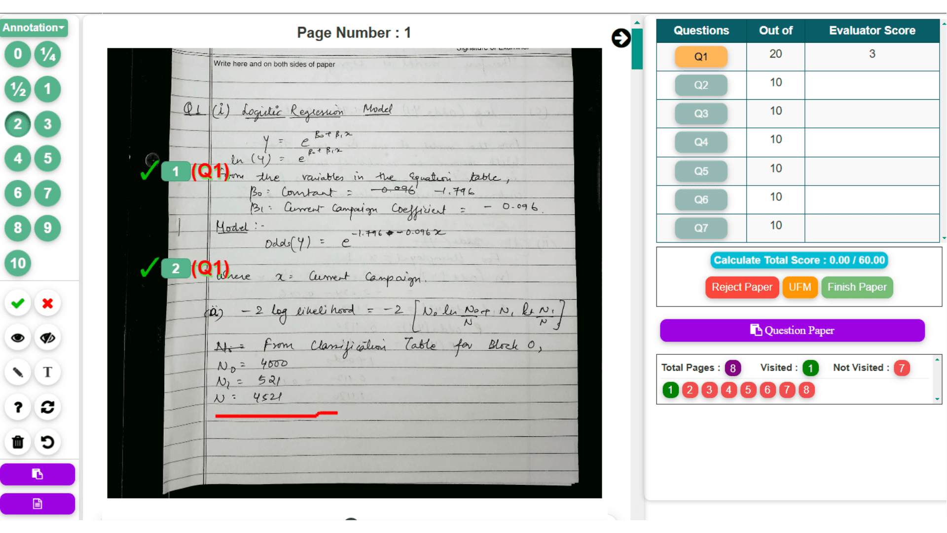 The Onscreen Marking System: a scanned script annotated beside a mark palette and a per-question score table