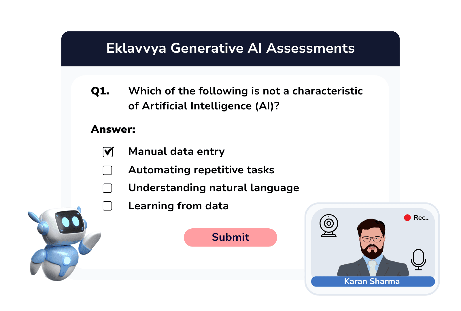 An Eklavvya generative AI assessment: a multiple-choice question with the candidate proctored on webcam alongside it